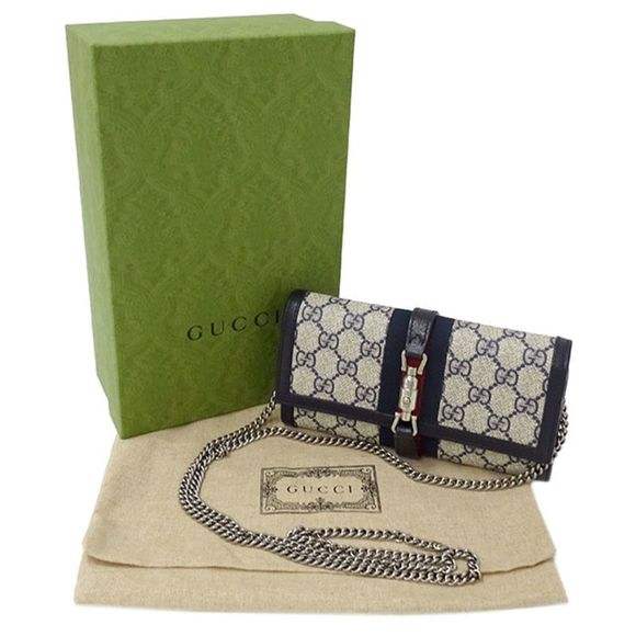 Gucci Wallet Long Wallet Chain Wallet GG Supreme Beige Blue Navy - Picture 7 of 7